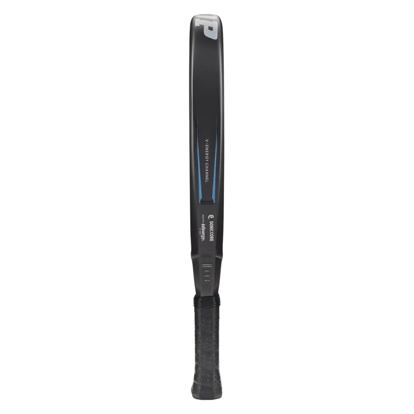 Black and gray Dunlop padel racket with branding on a white background