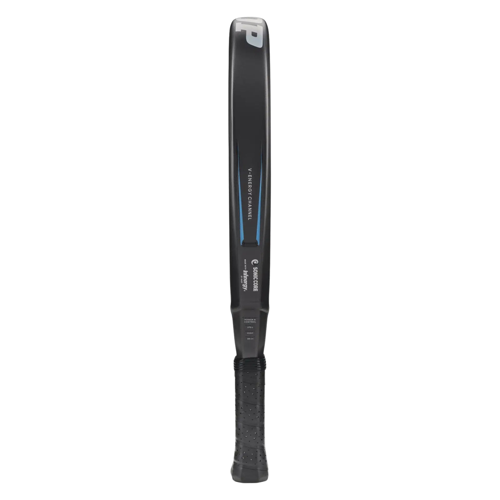 Black and gray Dunlop padel racket with branding on a white background