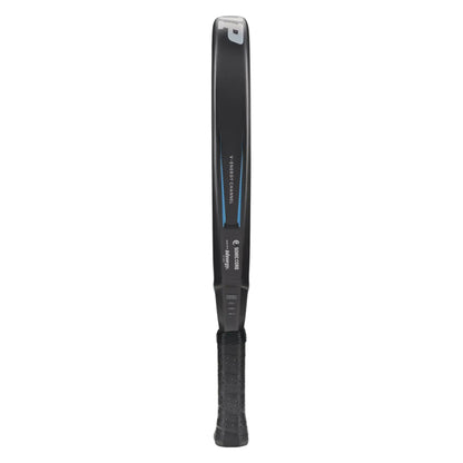 Black and gray Dunlop padel racket with branding on a white background