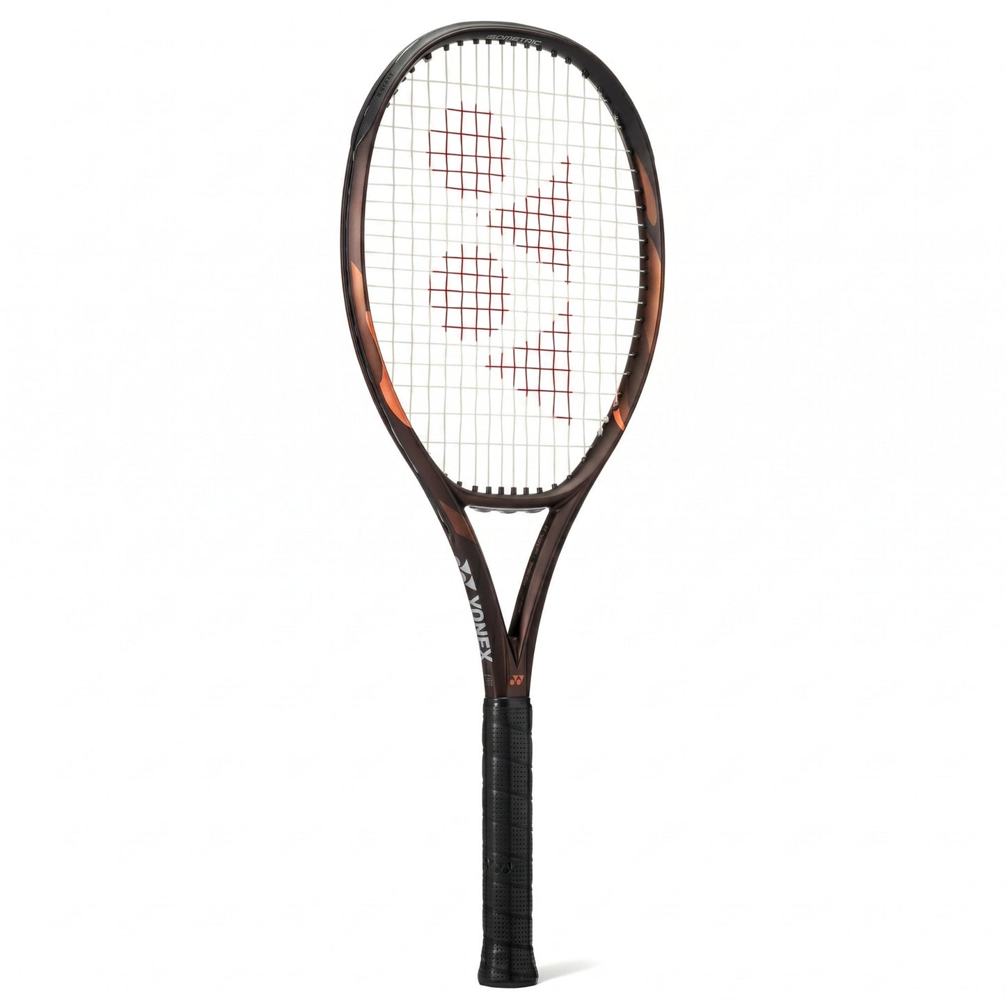 A Yonex tennis racket with a dark brown and black frame featuring subtle orange flame accents, black strings, and a black grip, shown against a plain white background.