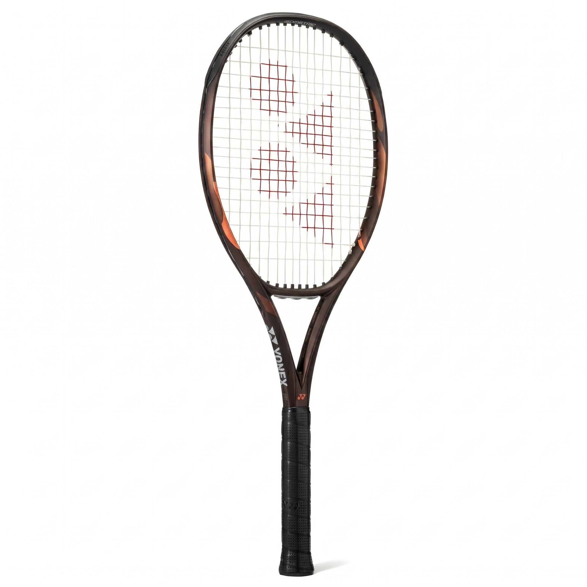 A Yonex tennis racket with a dark brown and black frame featuring subtle orange flame accents, black strings, and a black grip, shown against a plain white background.