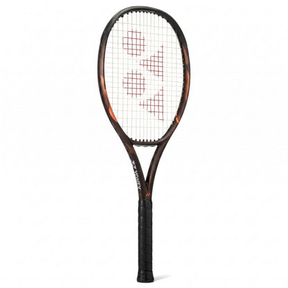 A Yonex tennis racket with a dark brown and black frame featuring subtle orange flame accents, black strings, and a black grip, shown against a plain white background.