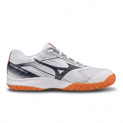 A white Mizuno Cyclone Speed 5 squash shoe with dark navy blue overlays, an orange outsole, and a white mesh upper, shown from a side profile on a white background.
