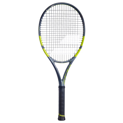 Tennis racket with black and yellow design on a white background