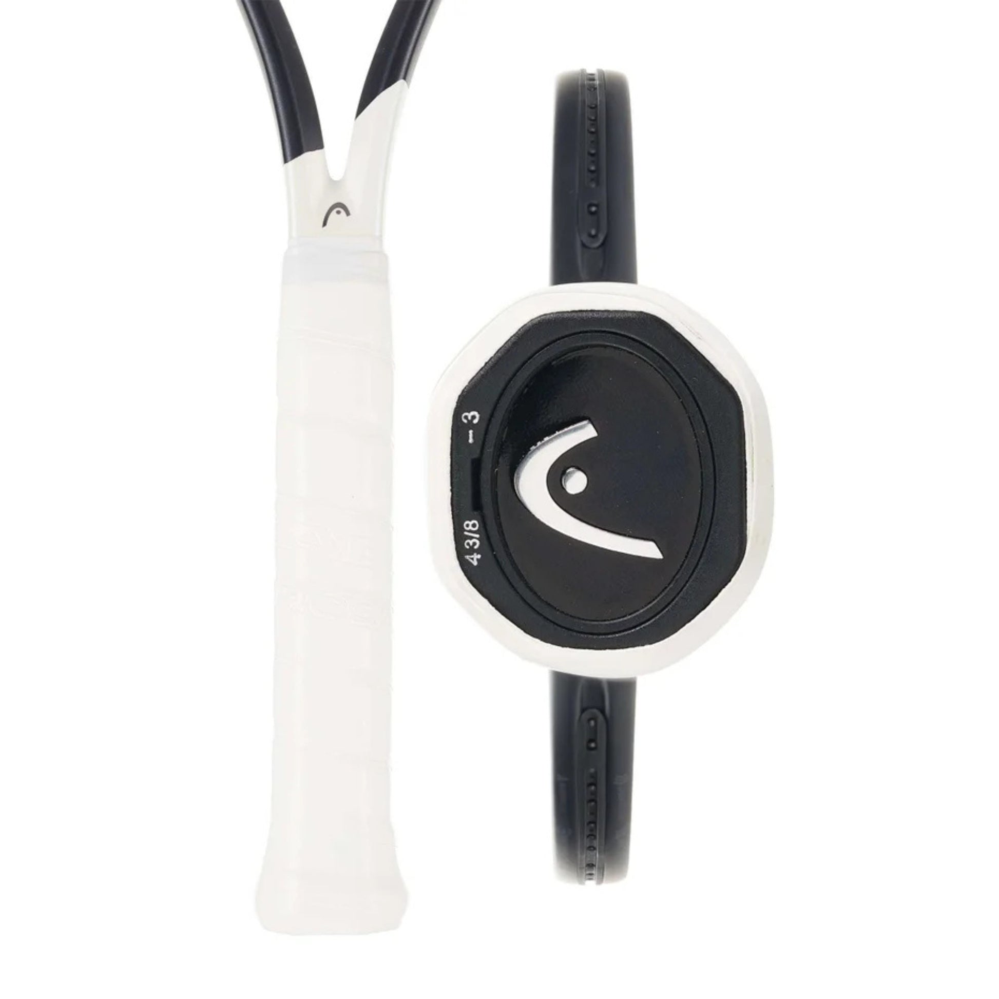 Tennis racket with white handle and black head on a white background