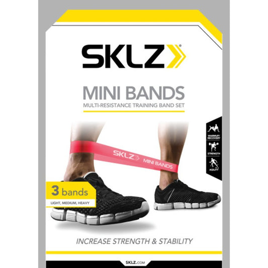 SKLZ mini bands packaging with a person using the bands on a gray background