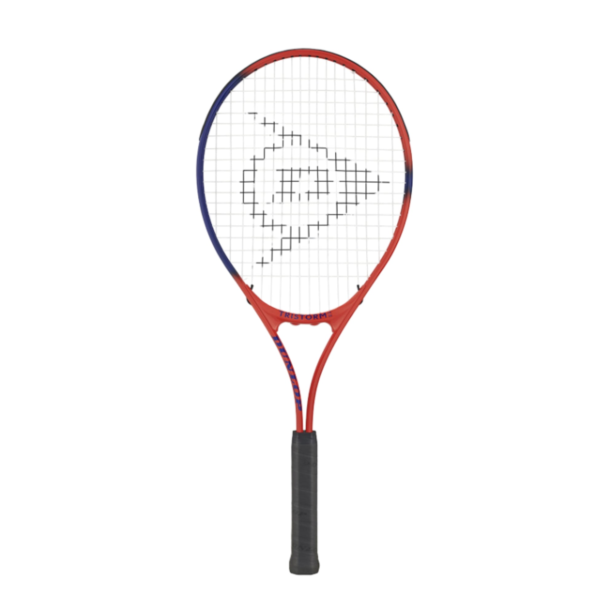 Dunlop tennis racket with red and blue frame on a white background