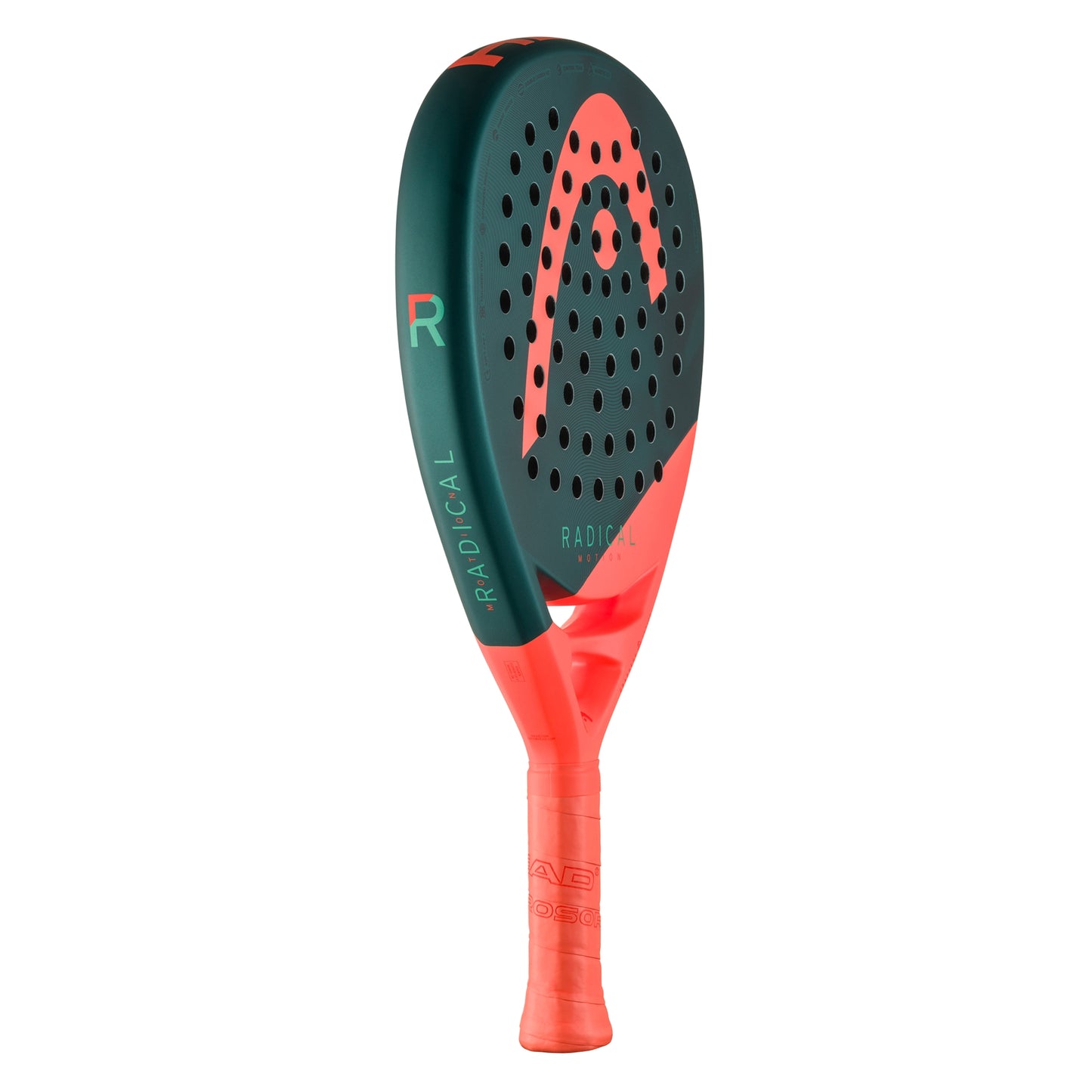 Head Radical padel racket with green and red design on a white background