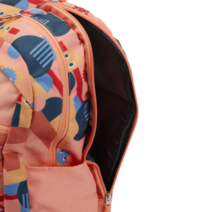 Colorful backpack with robot design on a white background