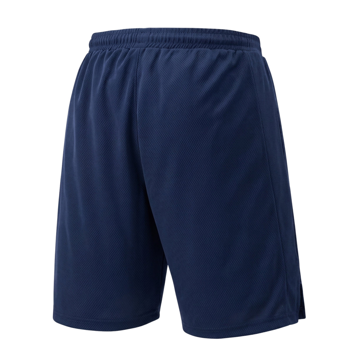 Navy Yonex shorts with a brand logo on a white background