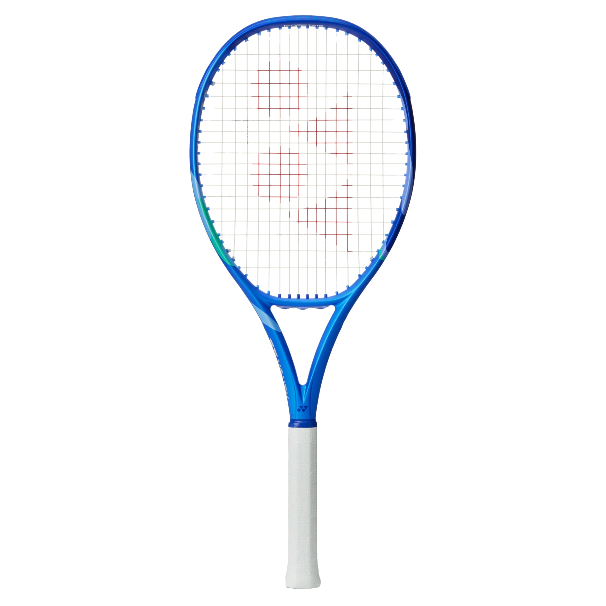 Blue and white Yonex tennis racket on a white background