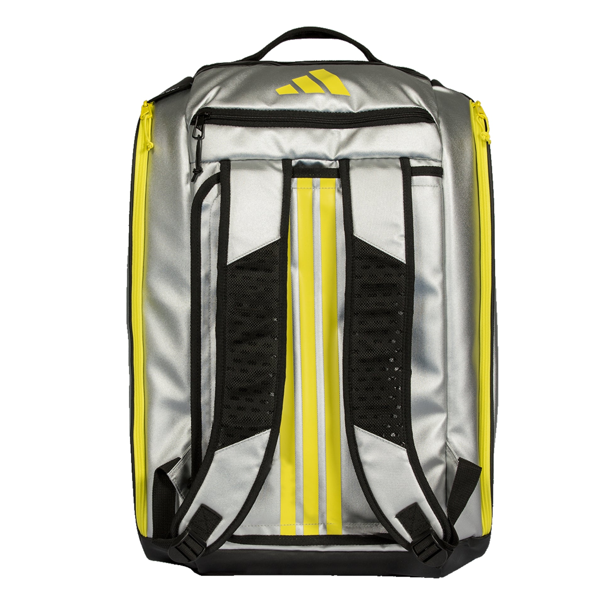 Silver Adidas bag with black and yellow accents on a white background