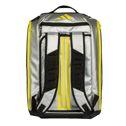 Silver Adidas bag with black and yellow accents on a white background