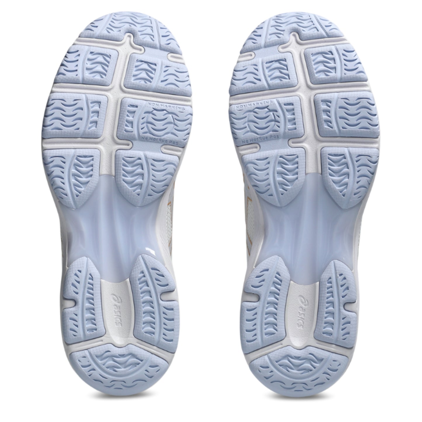 Close-up of the sole of a netball shoe with tread pattern on a white background