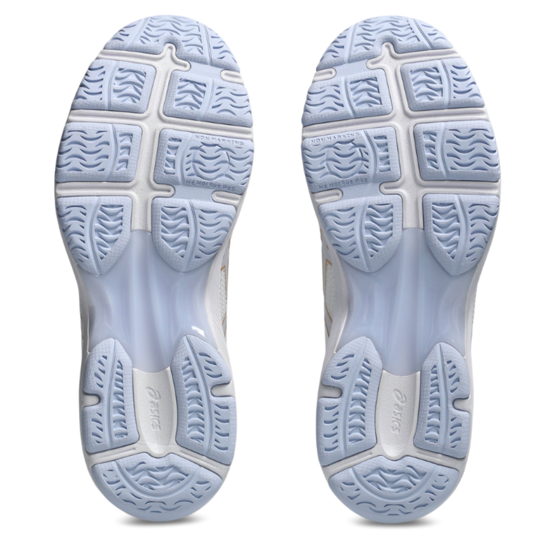 Close-up of the sole of a netball shoe with tread pattern on a white background