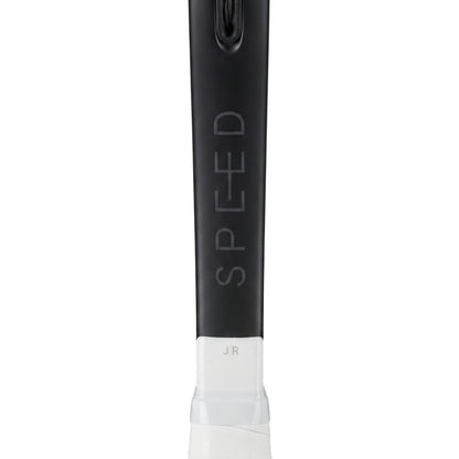 Close-up of a tennis racket shaft and grip on a white background, showing the HEAD SPEED model with a black frame and white wrapped handle.