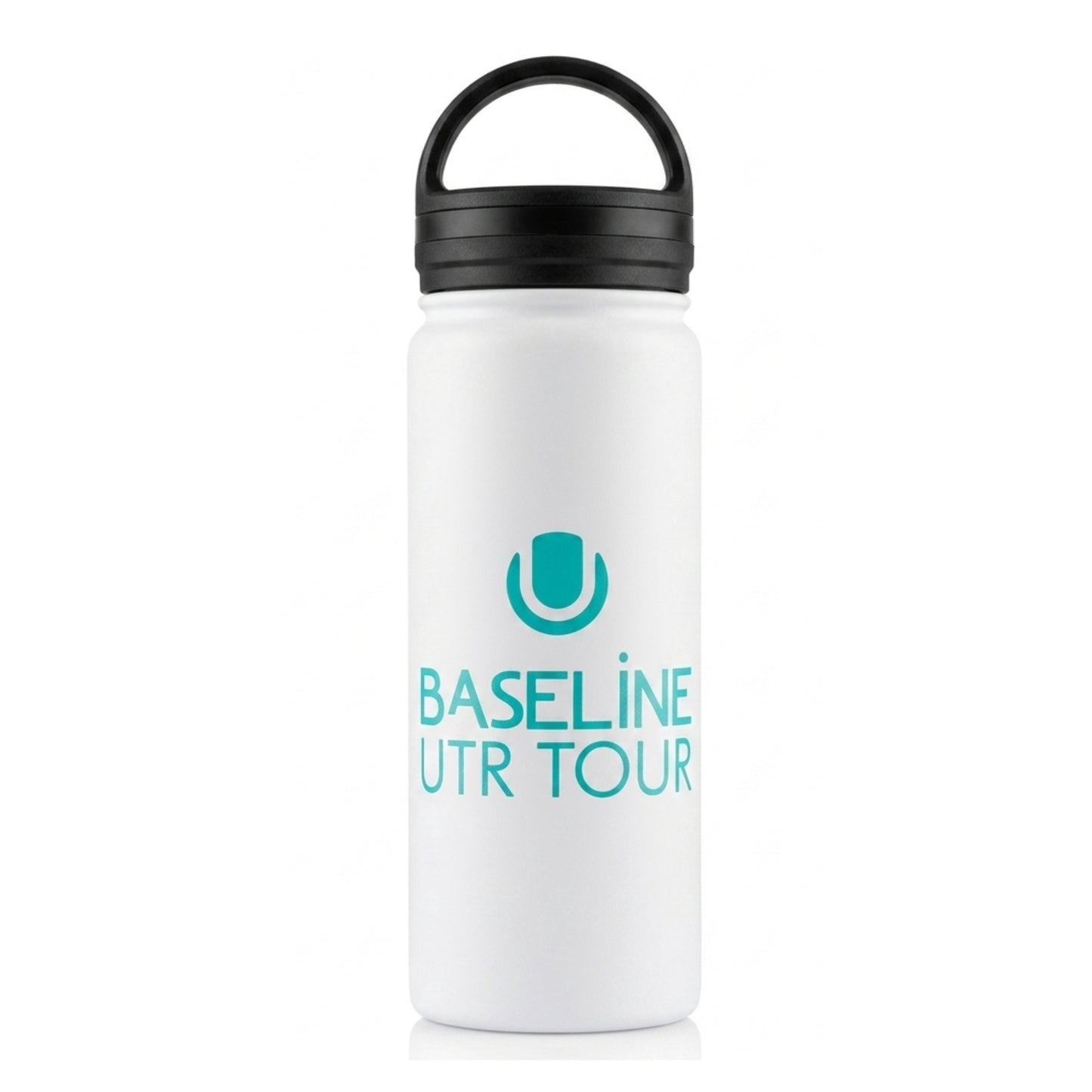 White water bottle with a turquise Baseline UTR Tour Logo on a white background