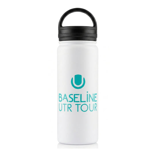 White water bottle with a turquise Baseline UTR Tour Logo on a white background