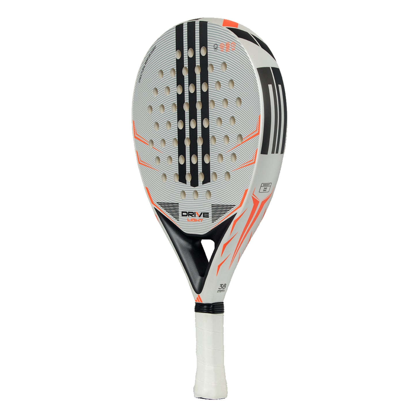 Padel racket with black and orange design on a white background