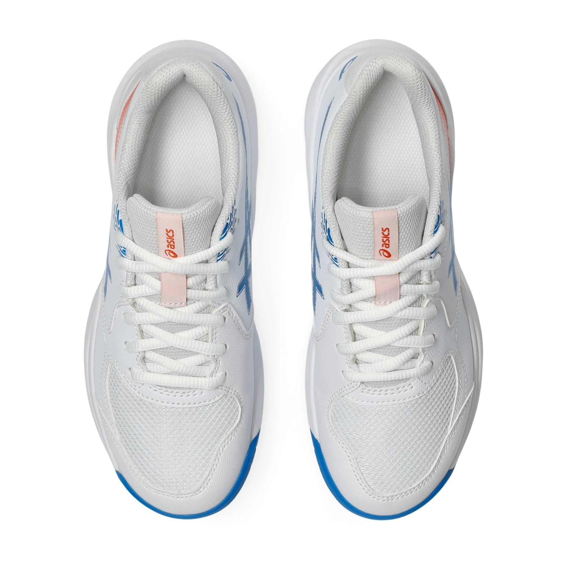 A pair of white Asics tennis shoes shown from a top-down view on a clean white background, featuring light blue and pink accents.