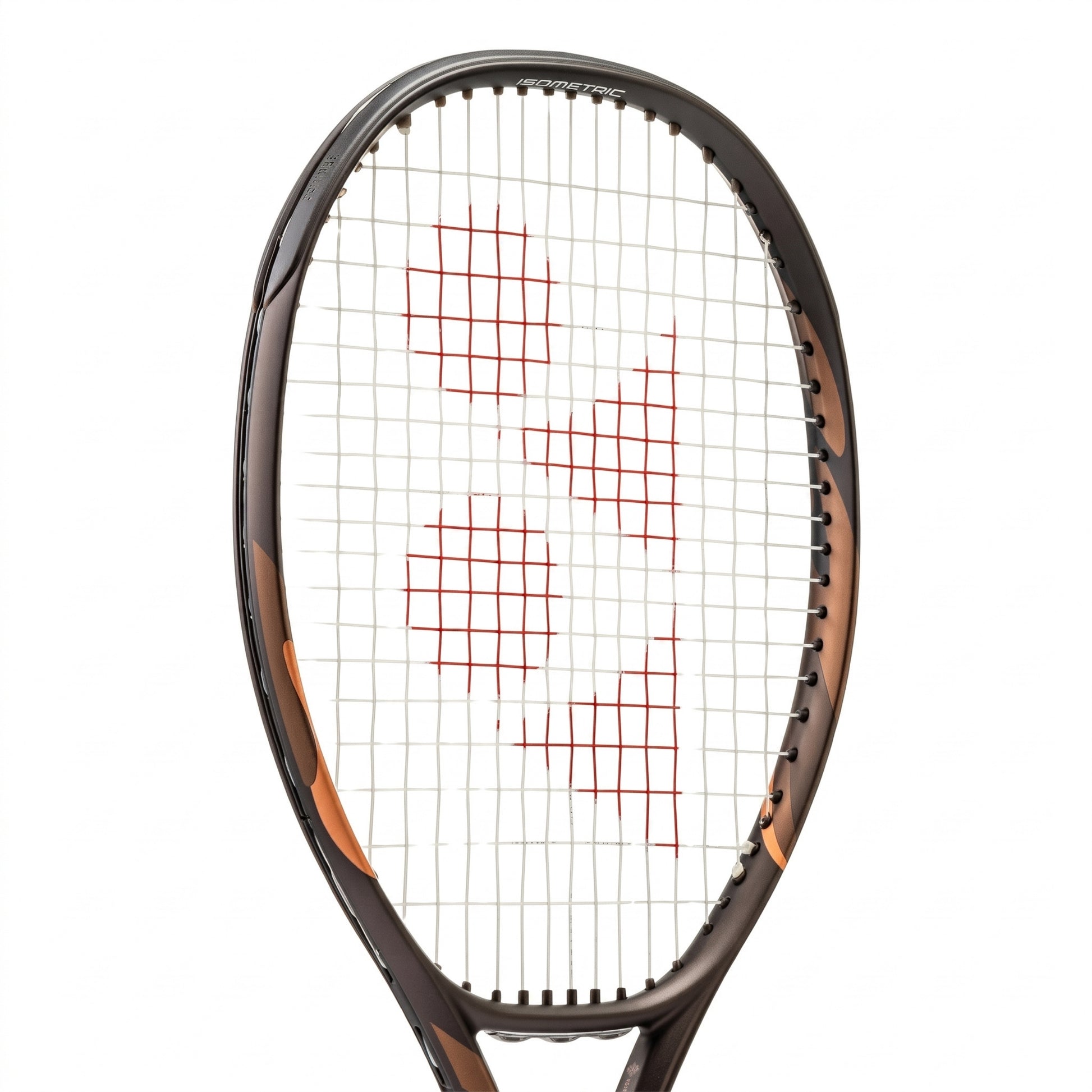 Close-up of a Yonex tennis racket head with white strings and red Yonex logo on the strings, set against a plain white background.