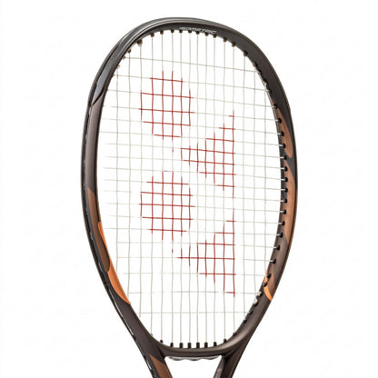 Close-up of a Yonex tennis racket head with white strings and red Yonex logo on the strings, set against a plain white background.