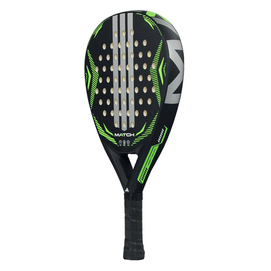 Padel racket with black and green design on a white background