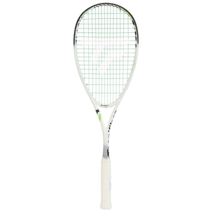 A Tecnifibre squash racket with a white frame, green and white stringing, and a white grip, shown vertically against a plain white background.