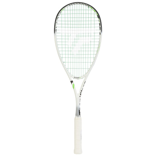A Tecnifibre squash racket with a white frame, green and white stringing, and a white grip, shown vertically against a plain white background.