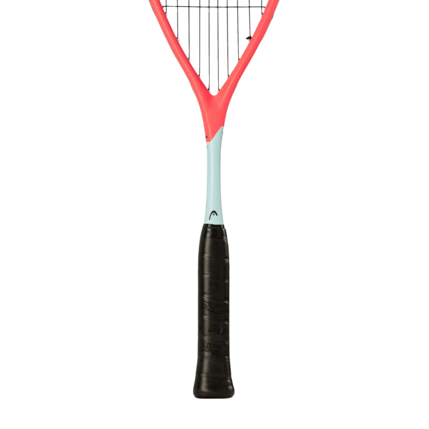 Orange and gray squash racket with black strings and black handle on a white background