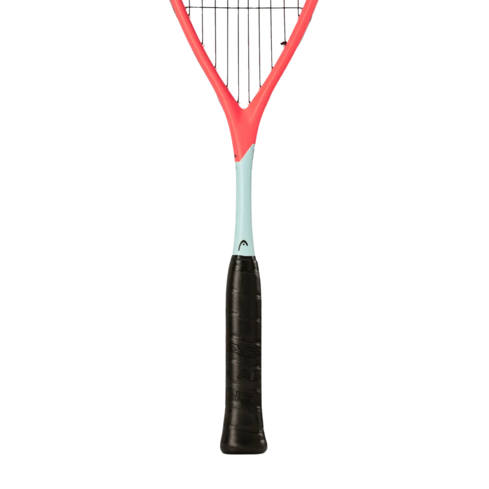 Orange and gray squash racket with black strings and black handle on a white background