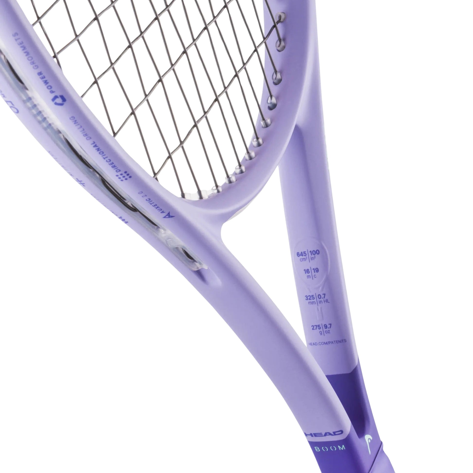 Close-up of a purple Head tennis racket with brand name on a white background