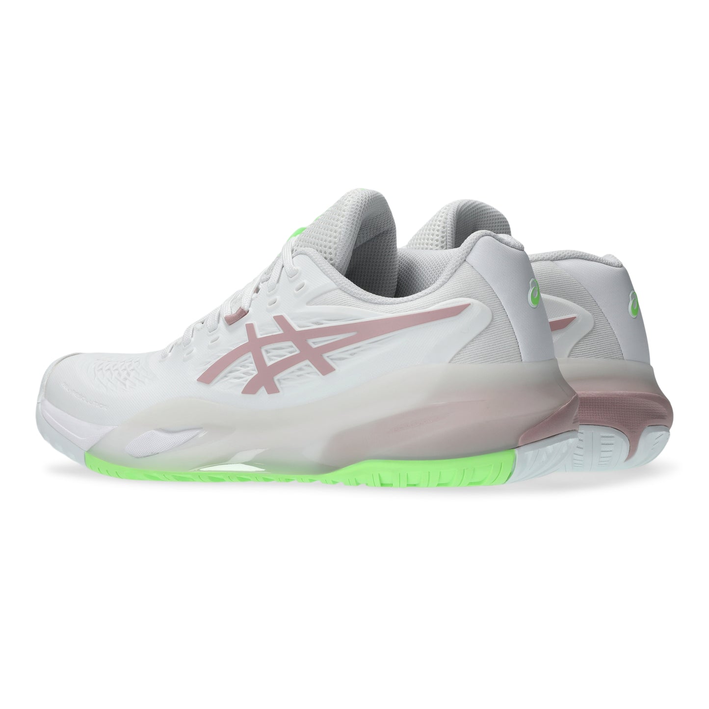 White Asics tennis shoes with pink and green accents on a white background
