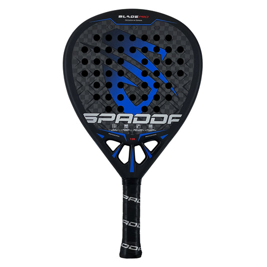 Black and blue Spadda padel racket on a white background