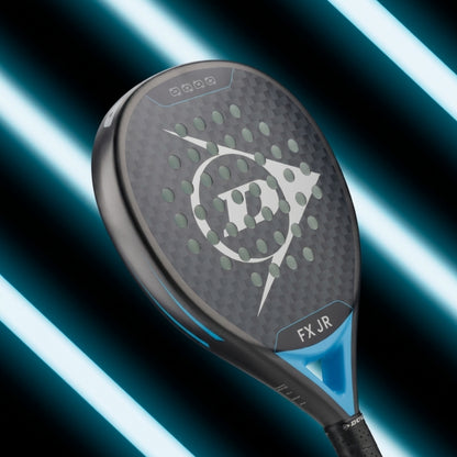 Dunlop padel racket with 'FX JR' branding on blue and black background