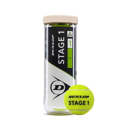 Dunlop Stage 1 tennis balls in a can with a single ball on a white background