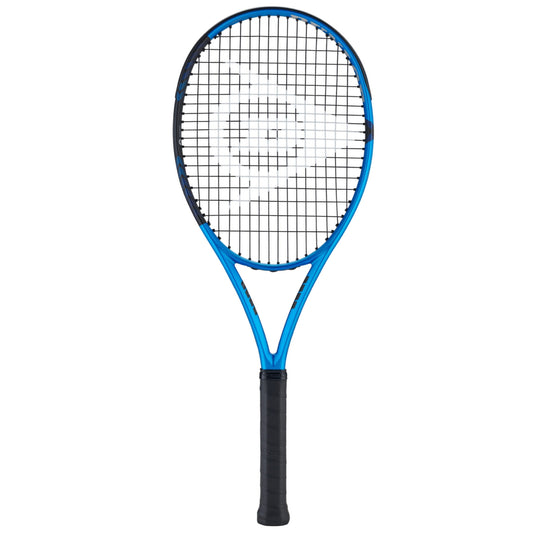 Blue and black Dunlop tennis racket on a white background