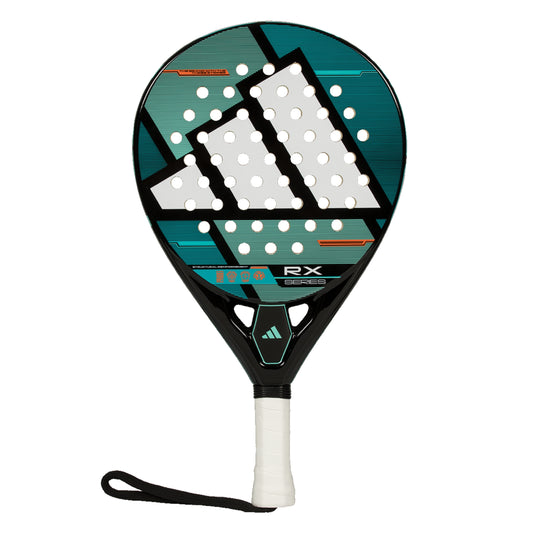 Green and white with red accents adidas padel racket with wording RX on a ehite background