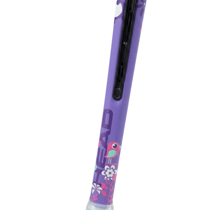A close-up of a purple Head tennis racket handle featuring a colorful parrot and floral pattern, with a black grip tape section.