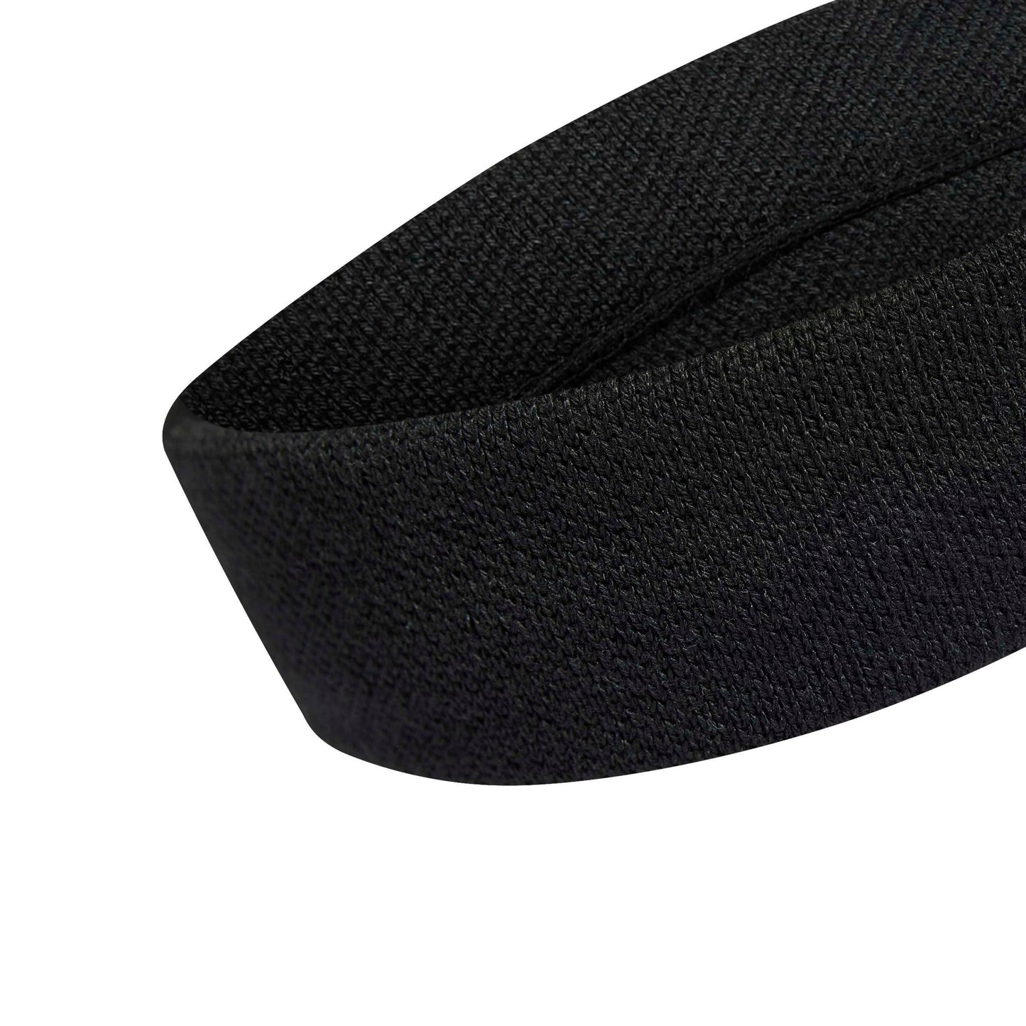 A close-up of a black headband on a solid white background.