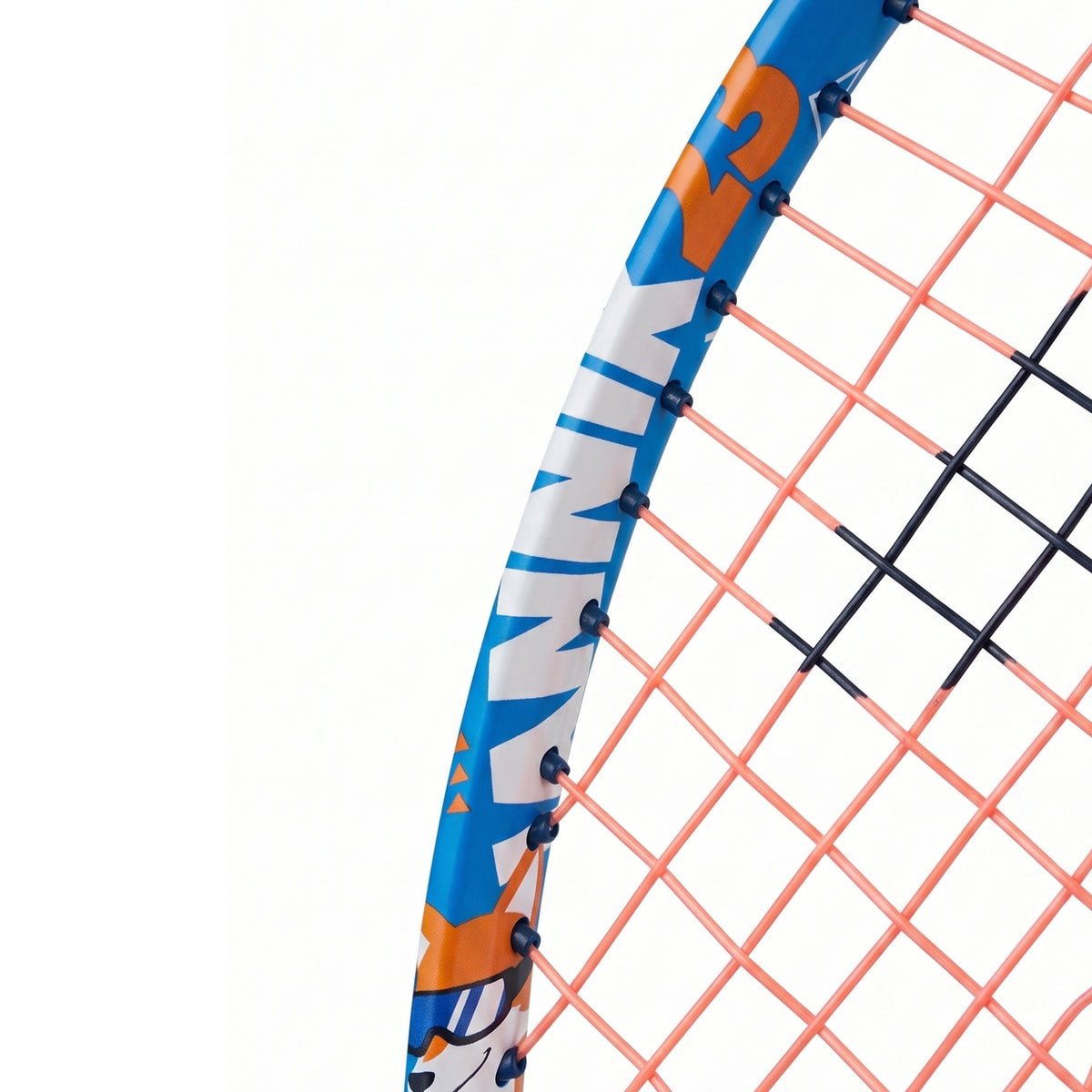 Close-up of a Head tennis racket showing the blue frame with orange and white graphics, orange strings, and black string tensioners against a white background.