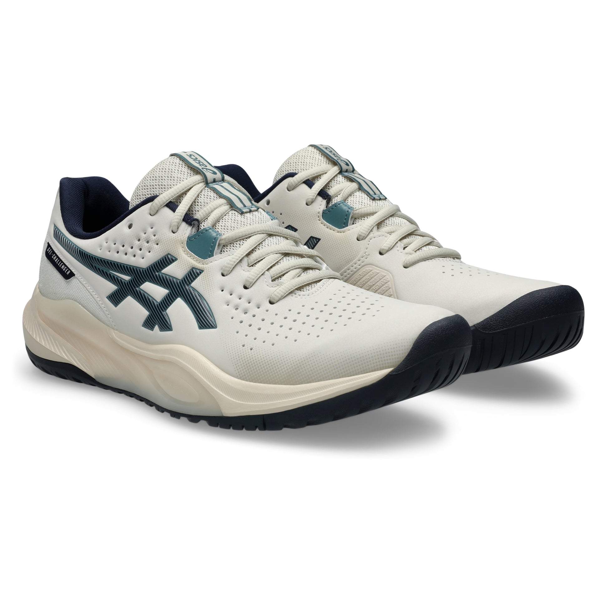 An Asics G-Challenger 15 tennis shoes in off-white with dark teal and navy accents, shown in a side profile on a white background.