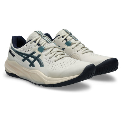 An Asics G-Challenger 15 tennis shoes in off-white with dark teal and navy accents, shown in a side profile on a white background.