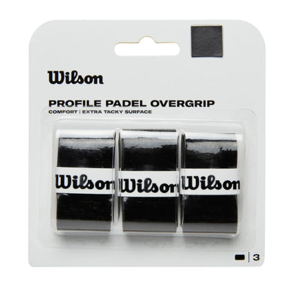 Pack of Wilson Profile Padel overgrips in packaging on a white background