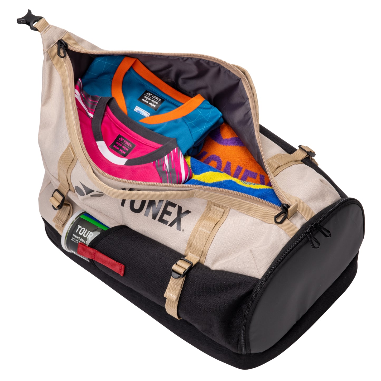 Open backpack with colorful shoes inside, featuring a visible Yonex brand logo.