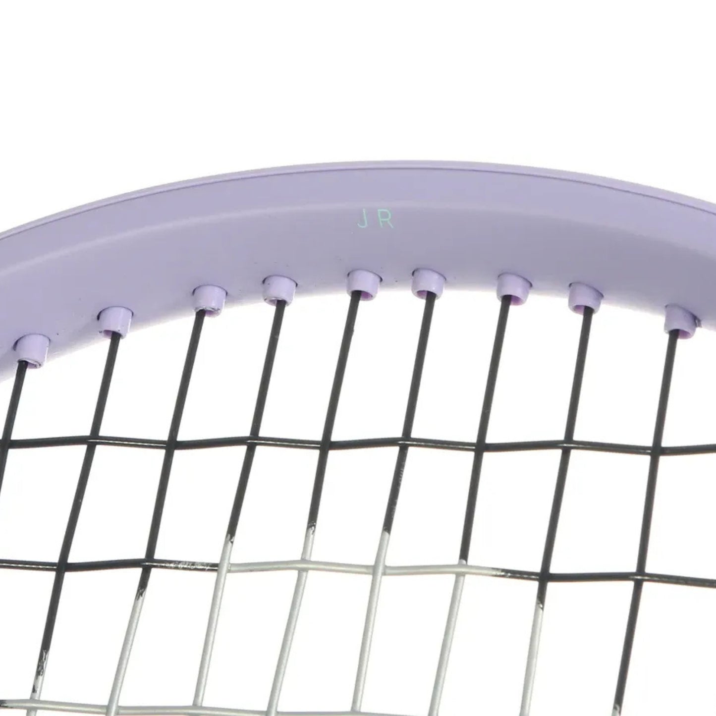 Close-up of a Head tennis racket head in light lavender purple, showing the string bed with black and silver strings against a white background.