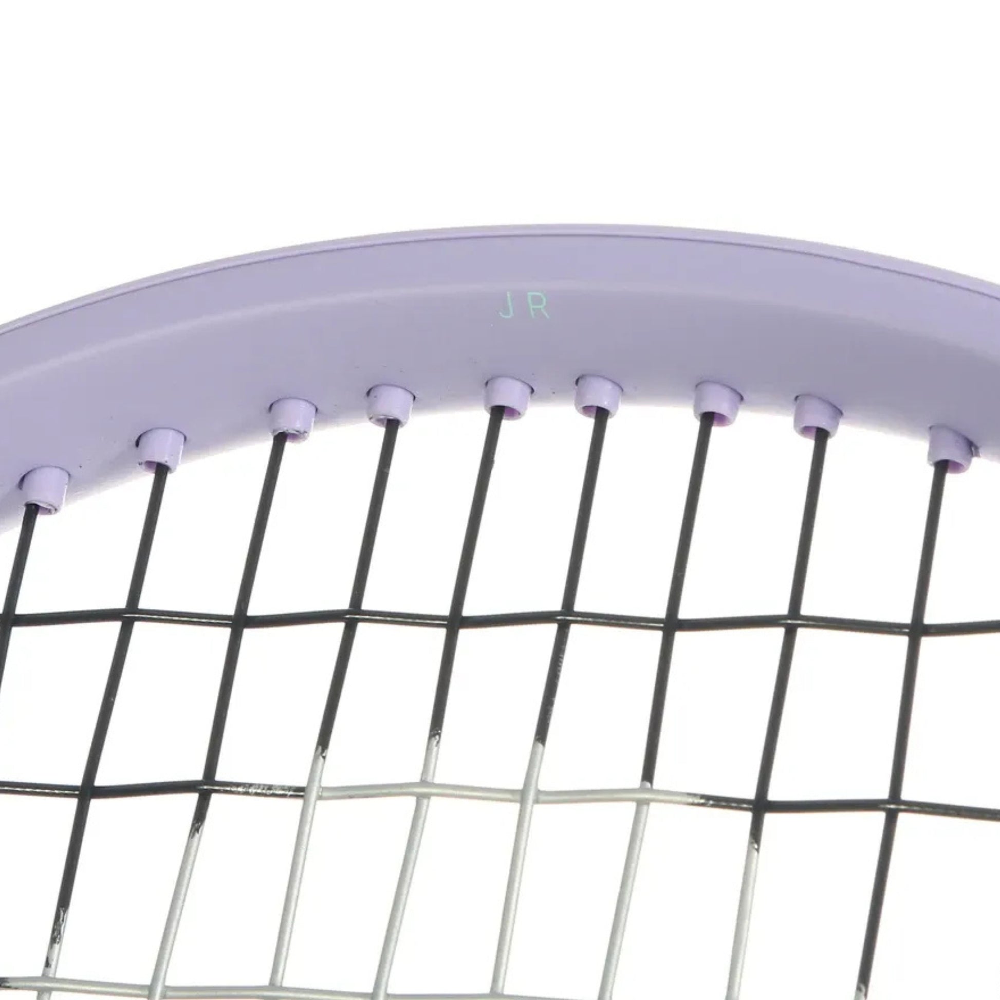 Close-up of a Head tennis racket head in light lavender purple, showing the string bed with black and silver strings against a white background.