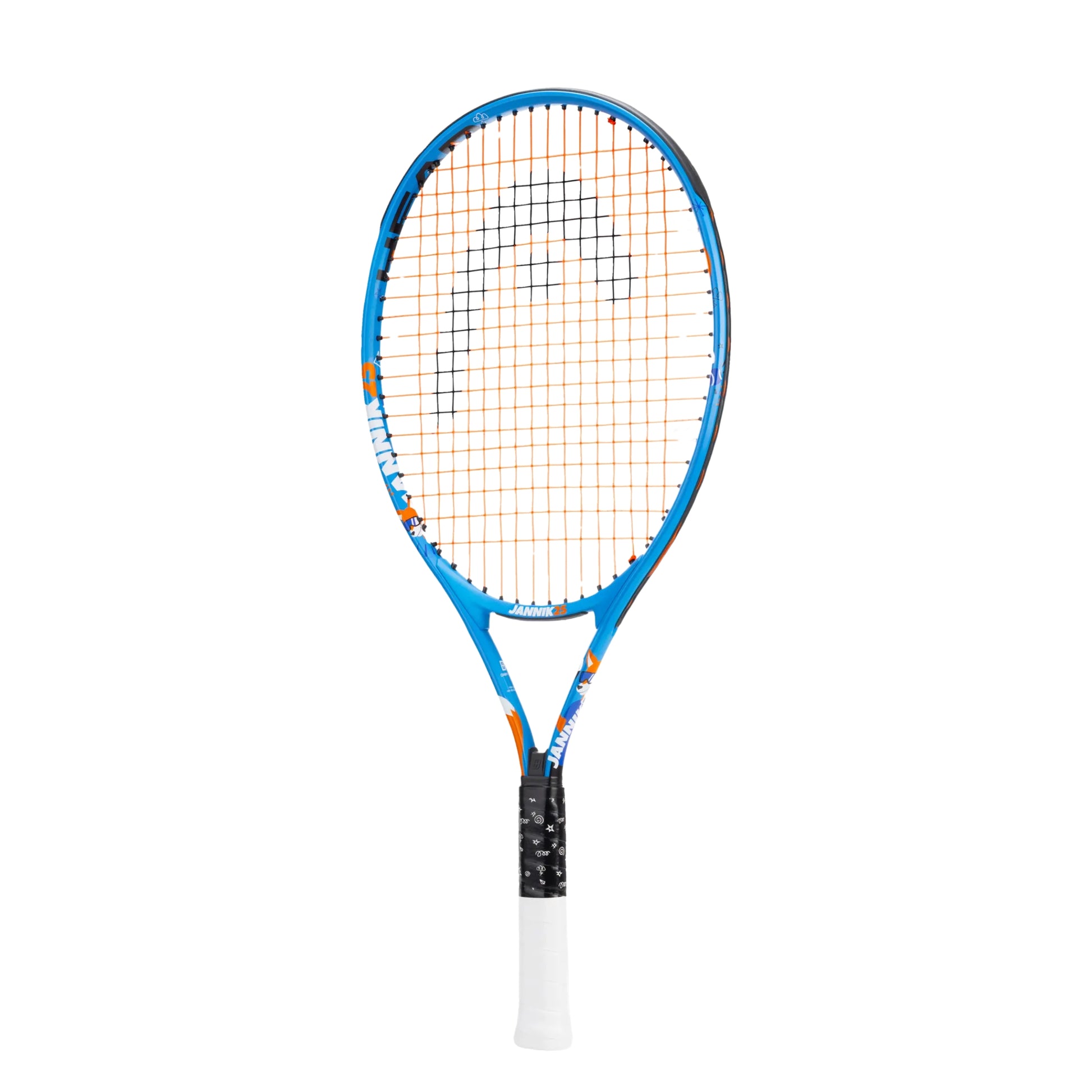 A blue and orange Head tennis racket with a white grip and white handle, shown vertically against a plain white background.