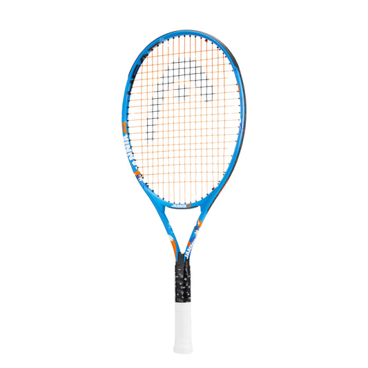 A blue and orange Head tennis racket with a white grip and white handle, shown vertically against a plain white background.