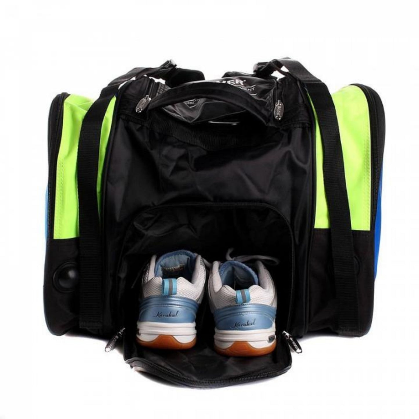 Black and green oliver racket bag on a white background